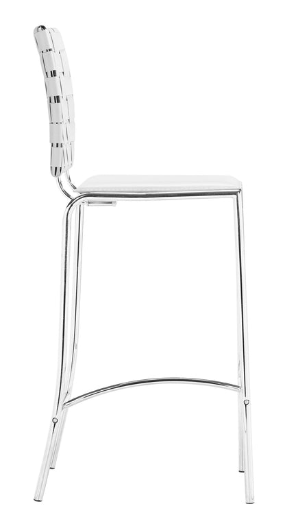 Set Of Two 39" White And Silver Low Back Counter Height Bar Chairs With Footrest