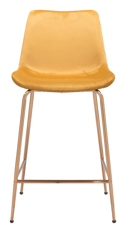 39" Yellow Velvet And Gold Low Back Counter Height Bar Chair With Footrest