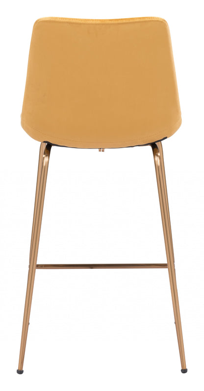 39" Yellow Velvet And Gold Low Back Counter Height Bar Chair With Footrest