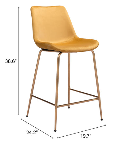39" Yellow Velvet And Gold Low Back Counter Height Bar Chair With Footrest