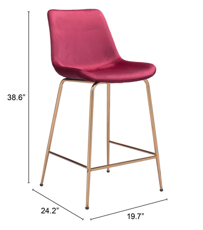39" Red Velvet And Gold Low Back Counter Height Bar Chair With Footrest
