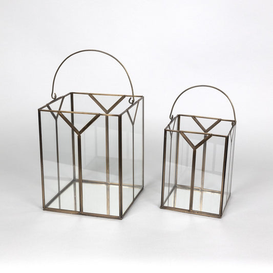 Set of Two Antiqued Bronze Glass Tabletop Lantern Candle Holders