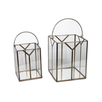Set of Two Antiqued Bronze Glass Tabletop Lantern Candle Holders