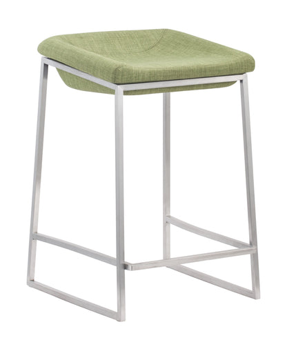 Set Of Two 26" Green And Silver Steel Backless Counter Height Bar Chairs With Footrest