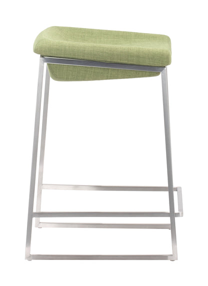 Set Of Two 26" Green And Silver Steel Backless Counter Height Bar Chairs With Footrest