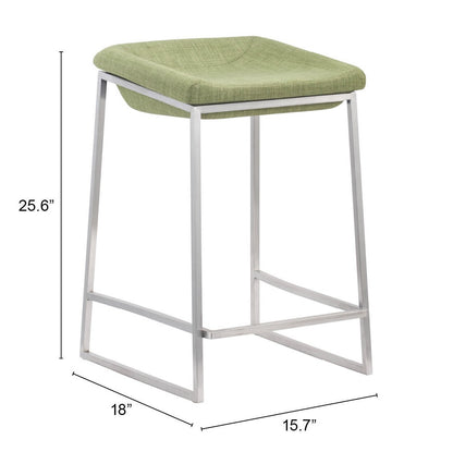 Set Of Two 26" Green And Silver Steel Backless Counter Height Bar Chairs With Footrest