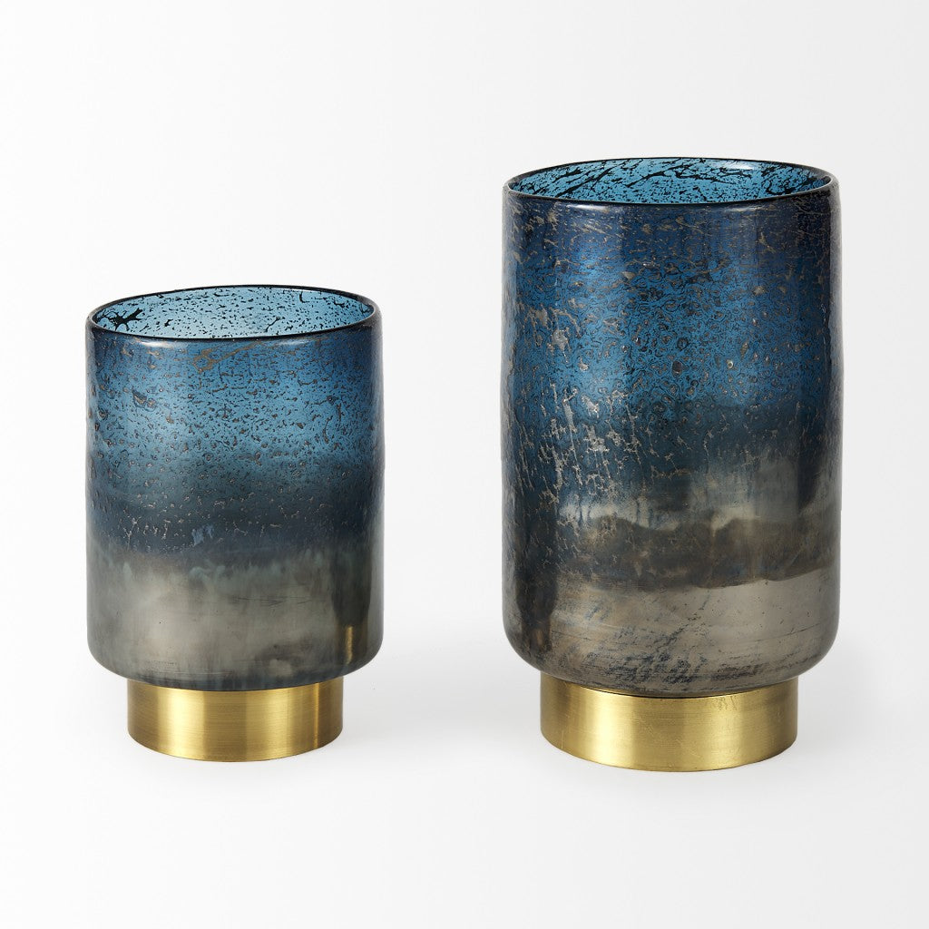 8" Artisan Blue and Gold Metallic Flat Bottom Vase