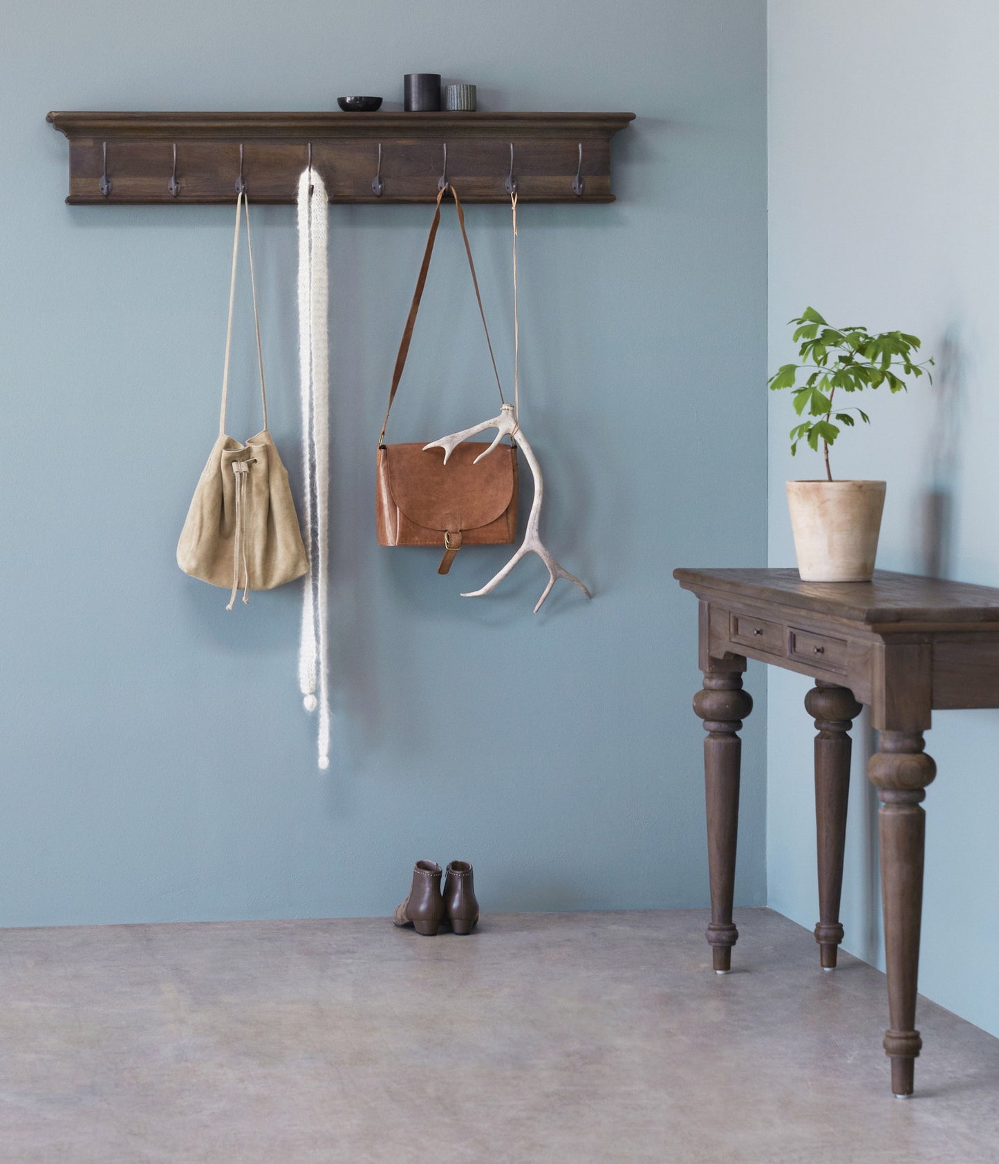 Rustic Dark Wood Eight Hook Hanging Coat Rack