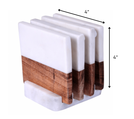 Set of Four Round Wood and Marble Coasters with Stand