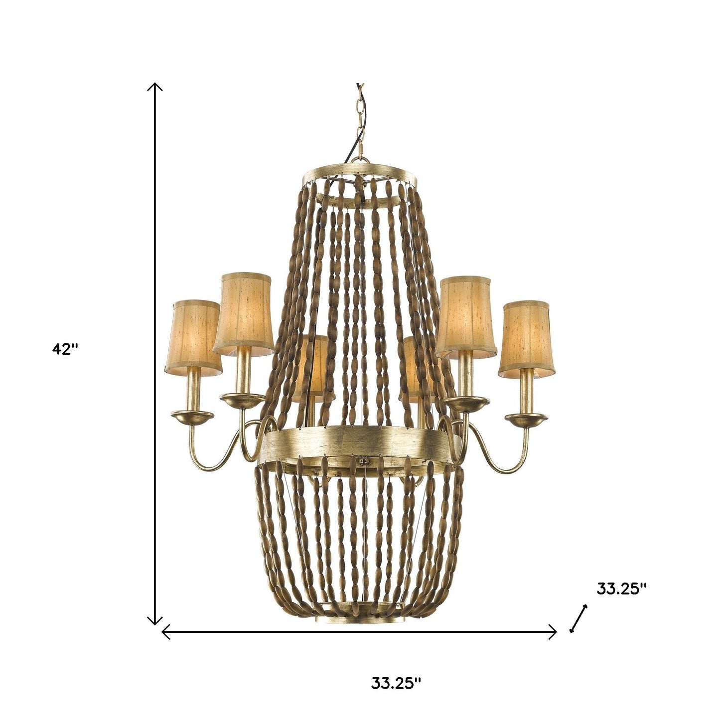 Anastasia 12-Light Antique Gold Leaf Chandelier With Wooden Beaded Chains And Gold Fabric Shades