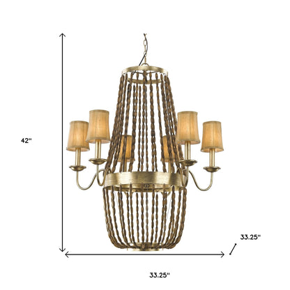 Anastasia 12-Light Antique Gold Leaf Chandelier With Wooden Beaded Chains And Gold Fabric Shades
