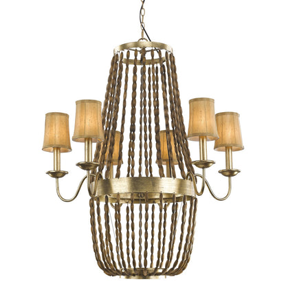 Anastasia 12-Light Antique Gold Leaf Chandelier With Wooden Beaded Chains And Gold Fabric Shades