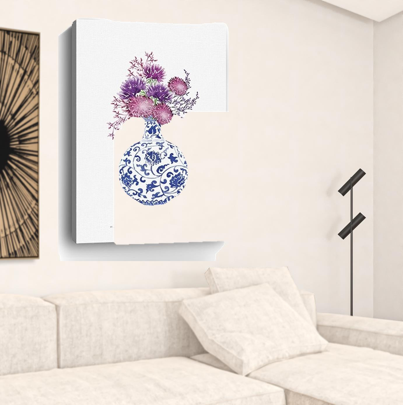 24" x 16" Blue and White Happiness Floral Vase Canvas Wall Art