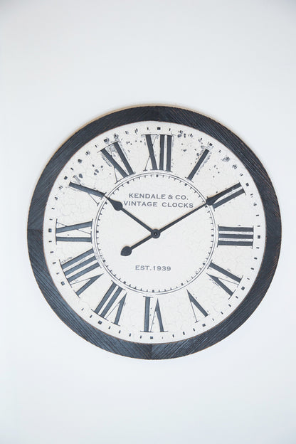 25" Circle Black and White Analog Vintage Style Crackle Wall Clock