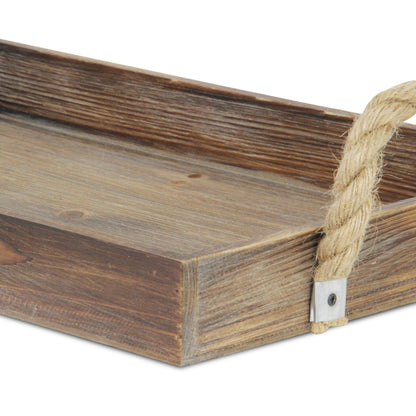 Dark Brown Wooden Tray with Rope Handles