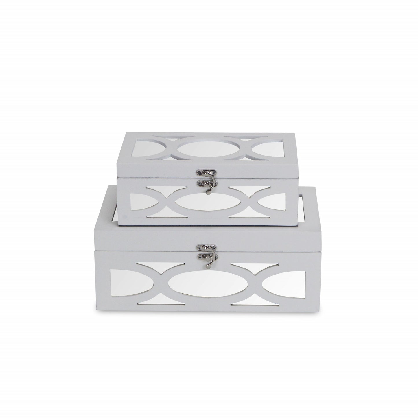 Set of Two White Oval Scroll Mirror Jewelry Storage Boxes