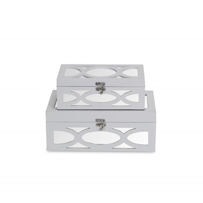 Set of Two White Oval Scroll Mirror Jewelry Storage Boxes