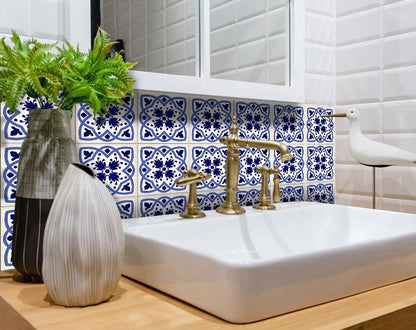 7" X 7" Blue And White Mosaic Peel And Stick Removable Tiles