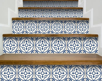 7" X 7" Tulipa Blue and White Peel and Stick Removable Tiles