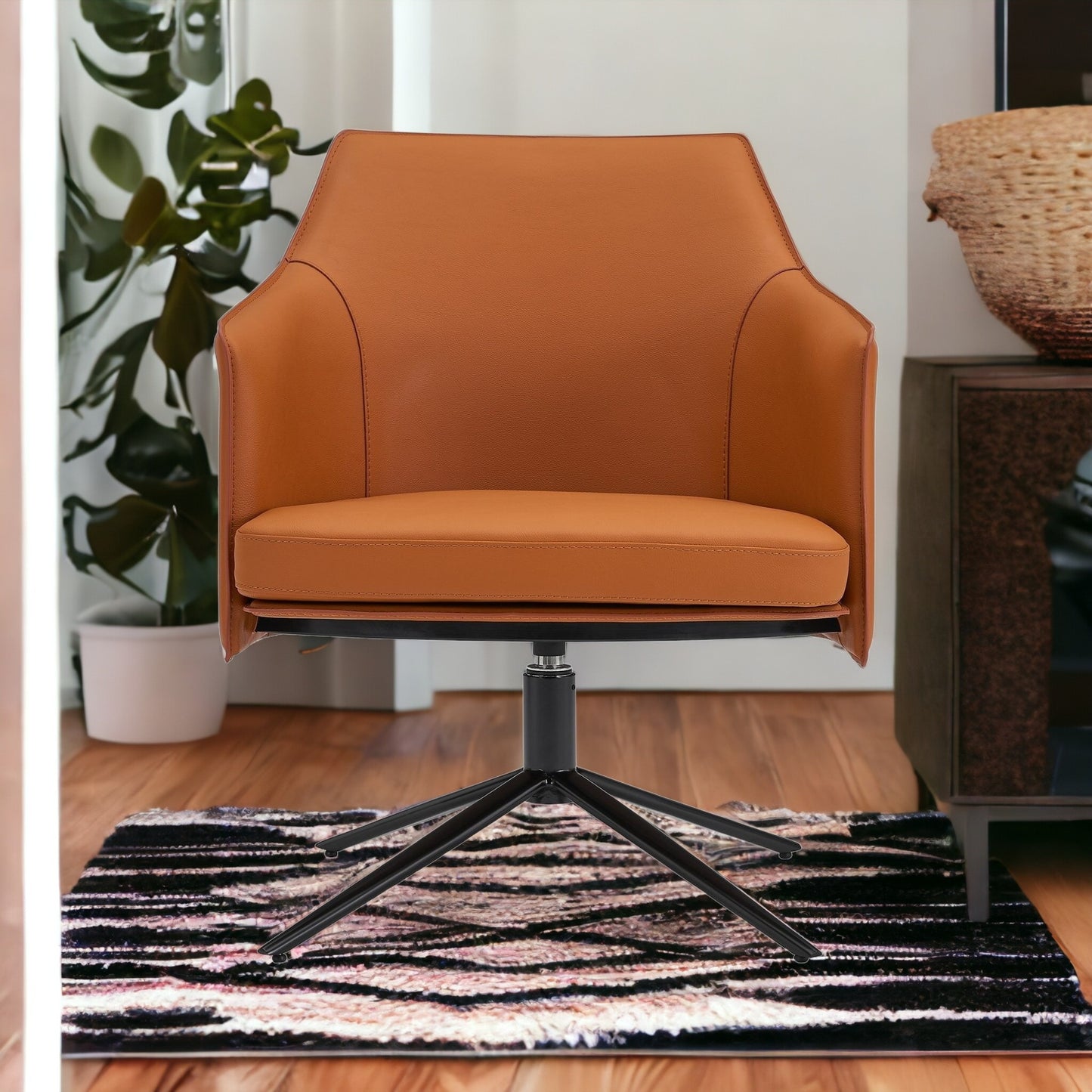 26" Terra Cotta and Black Faux Leather Swivel Arm Chair