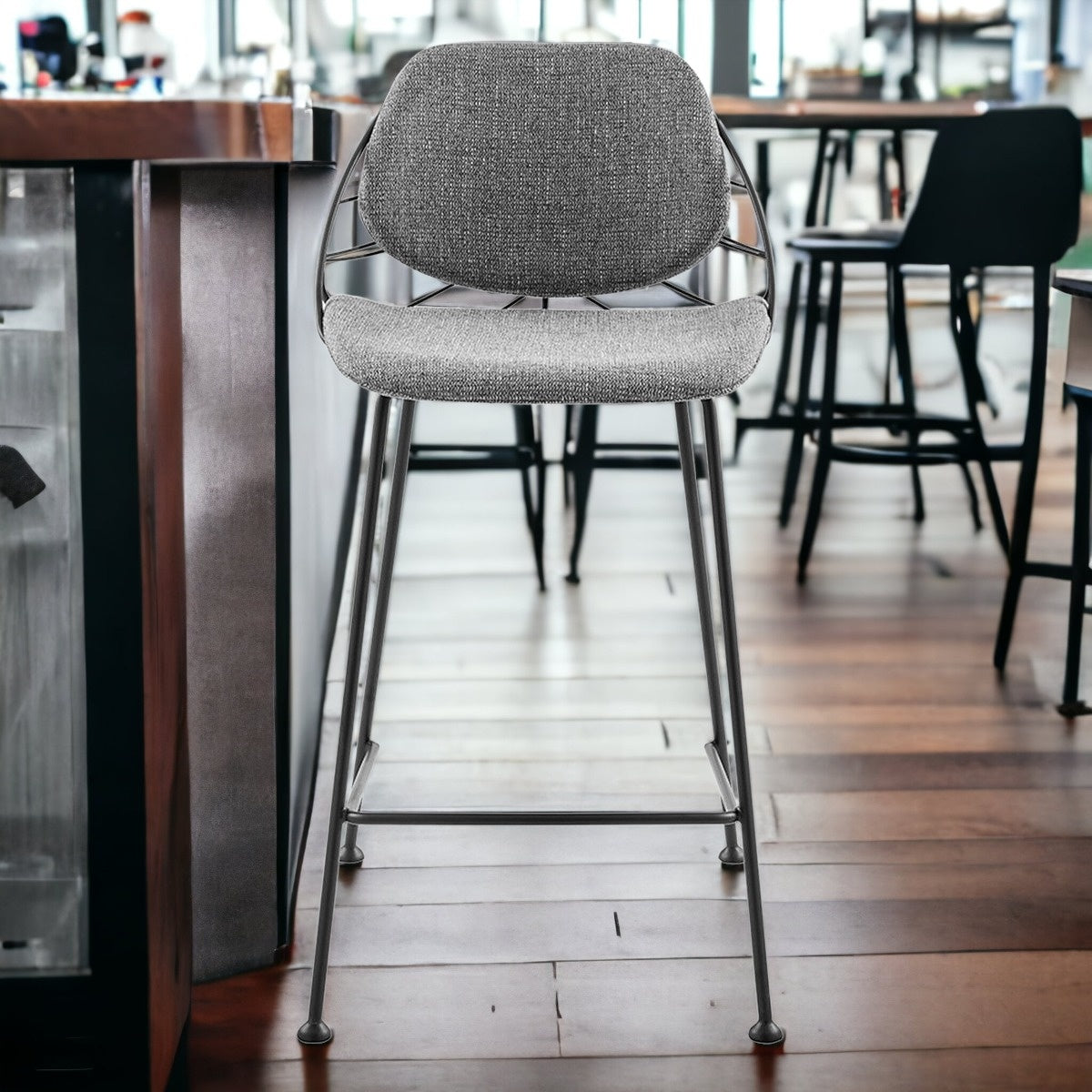 Set Of Two 36" Light Gray And Black Steel Low Back Counter Height Bar Chairs With Footrest