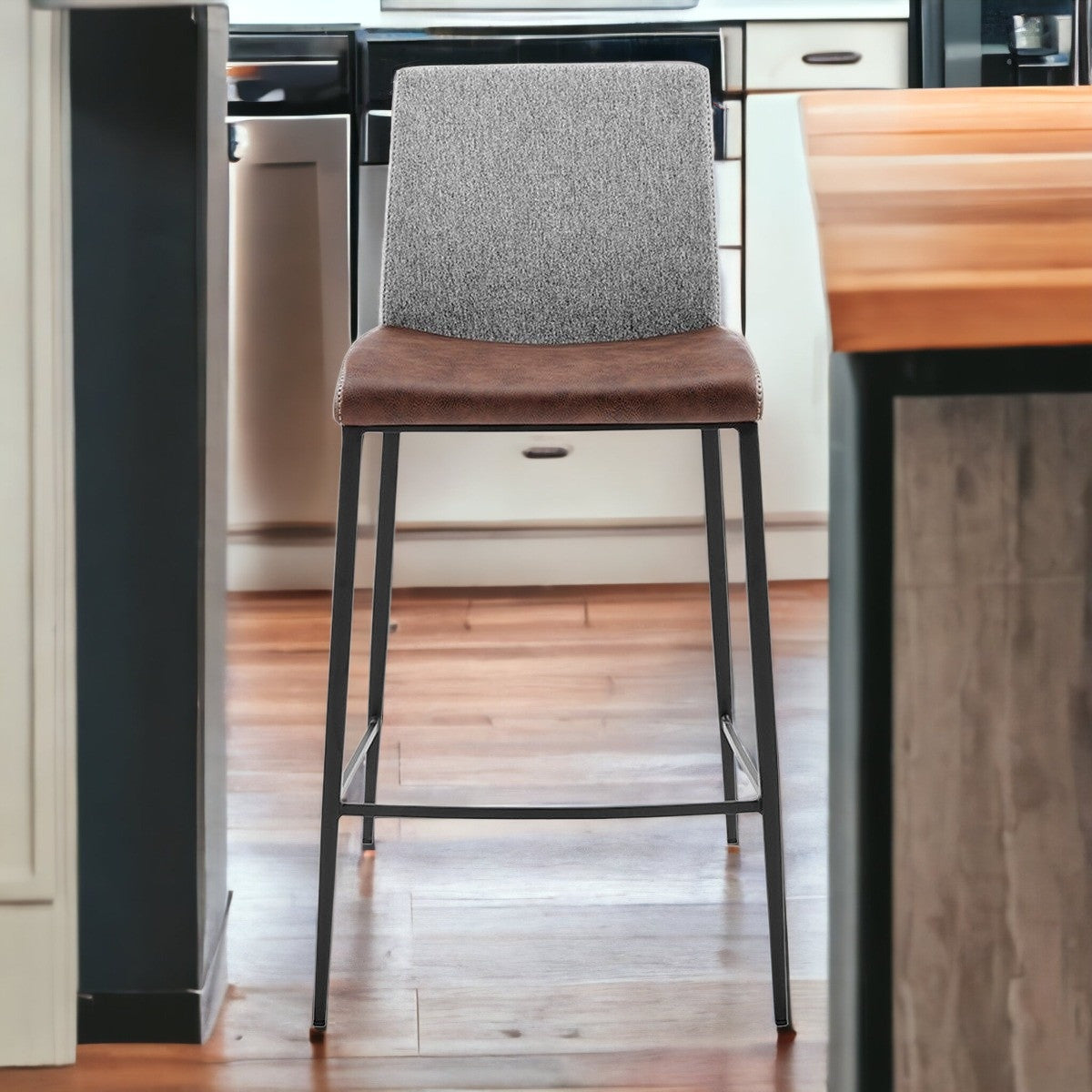 Set Of Two 36" Brown And Black Steel Low Back Counter Height Bar Chairs With Footrest