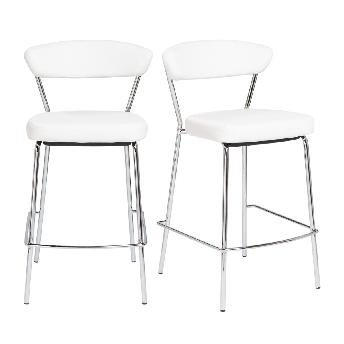 Set Of Two 36" White And Silver Steel Low Back Counter Height Bar Chairs With Footrest