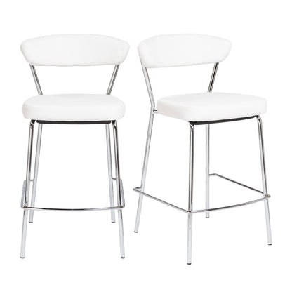 Set Of Two 36" White And Silver Steel Low Back Counter Height Bar Chairs With Footrest