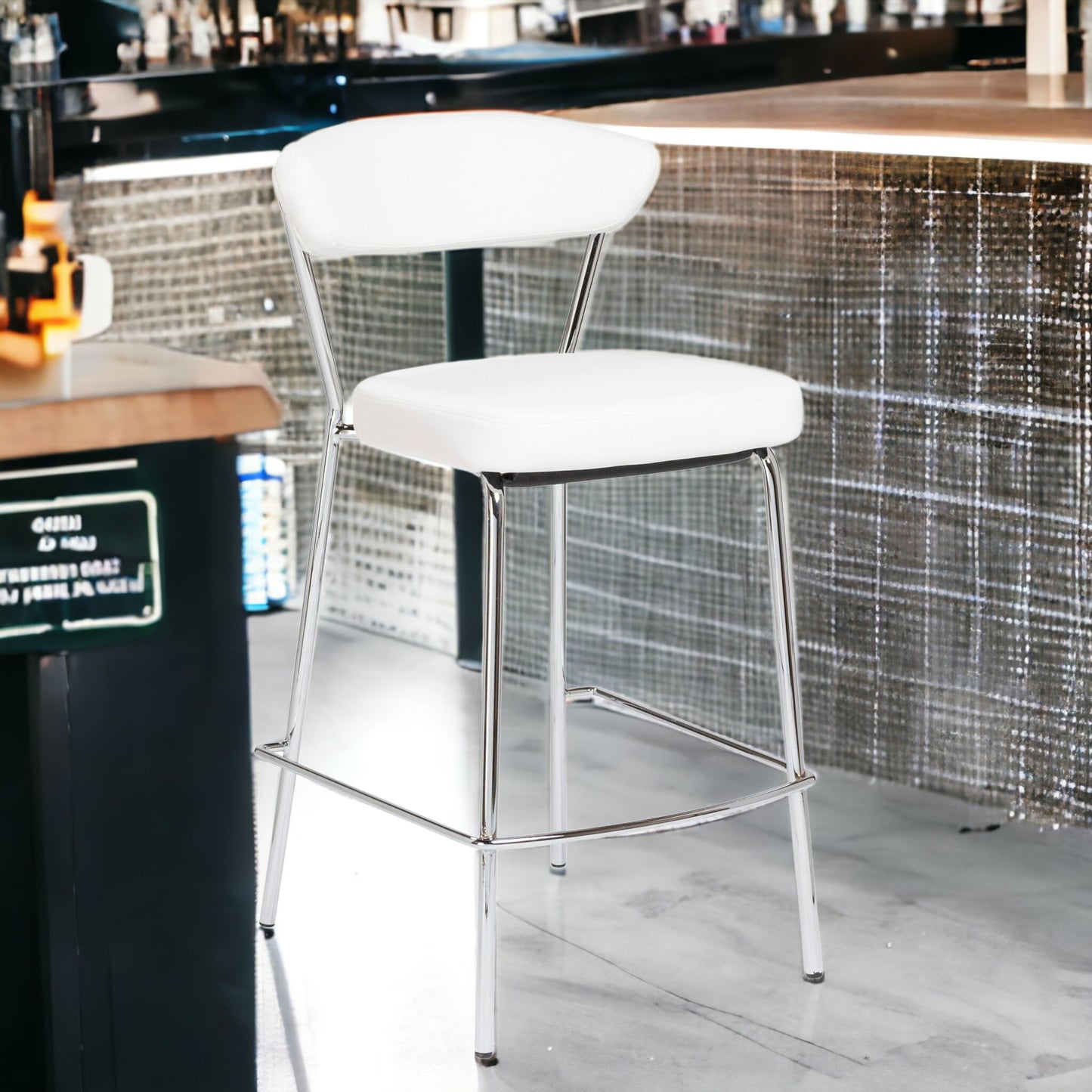Set Of Two 36" White And Silver Steel Low Back Counter Height Bar Chairs With Footrest