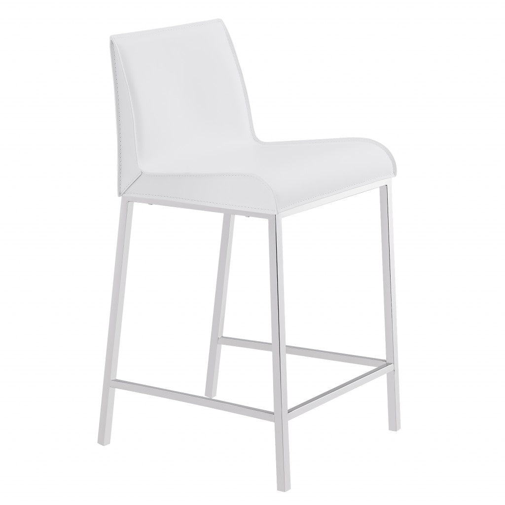 Set Of Two 34" White And Silver Steel Low Back Counter Height Bar Chairs With Footrest