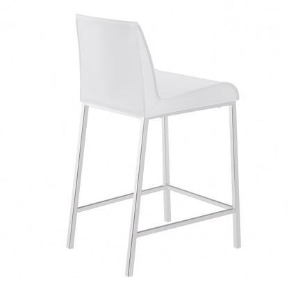 Set Of Two 34" White And Silver Steel Low Back Counter Height Bar Chairs With Footrest