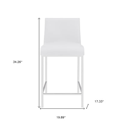 Set Of Two 34" White And Silver Steel Low Back Counter Height Bar Chairs With Footrest