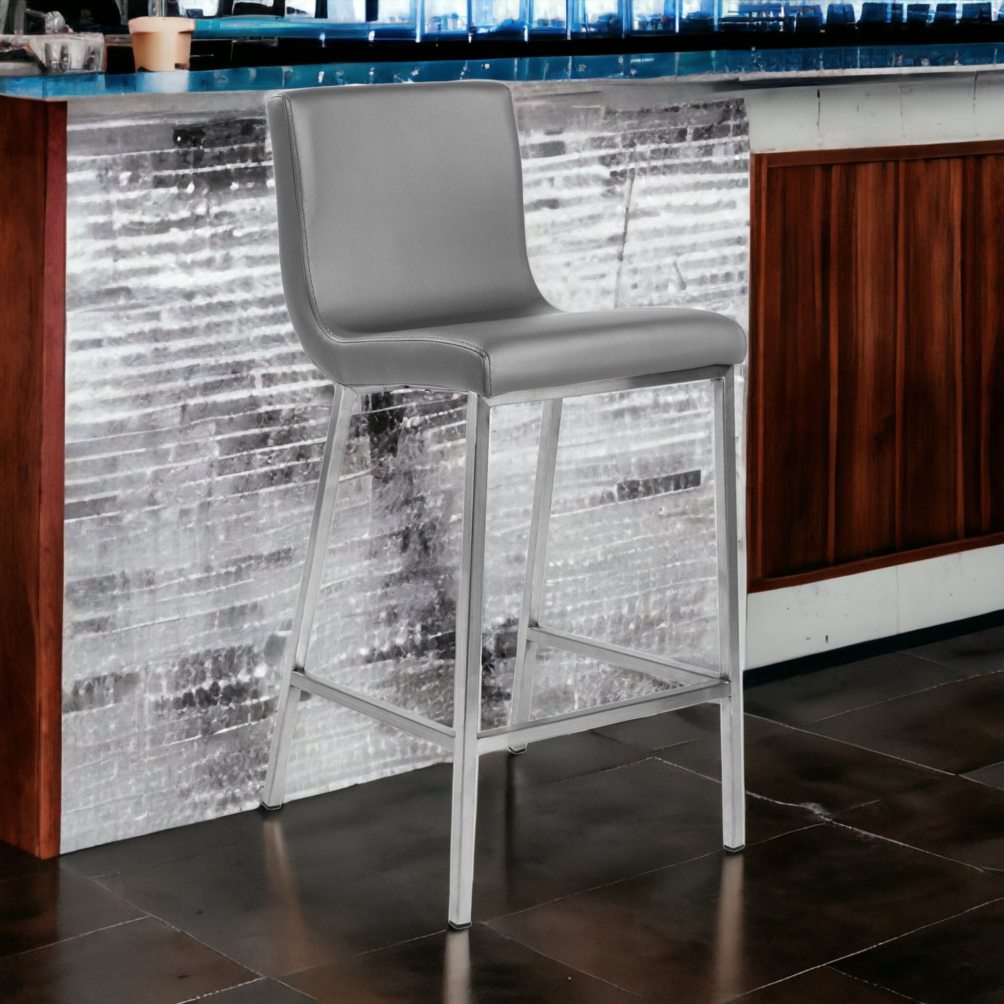 Set of Two 26" Gray And Silver Faux Leather Low Back Counter Height Bar Chairs