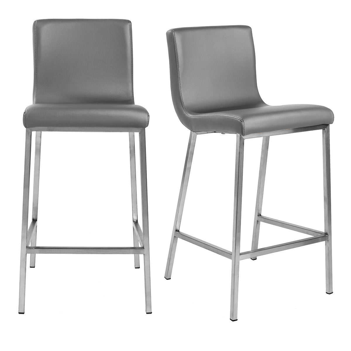 Set of Two 26" Gray And Silver Faux Leather Low Back Counter Height Bar Chairs