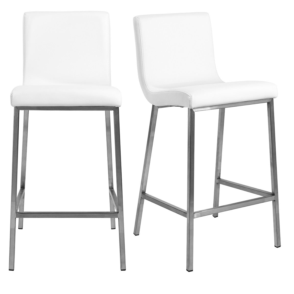 Set Of Two 36" White And Silver Steel Low Back Counter Height Bar Chairs With Footrest