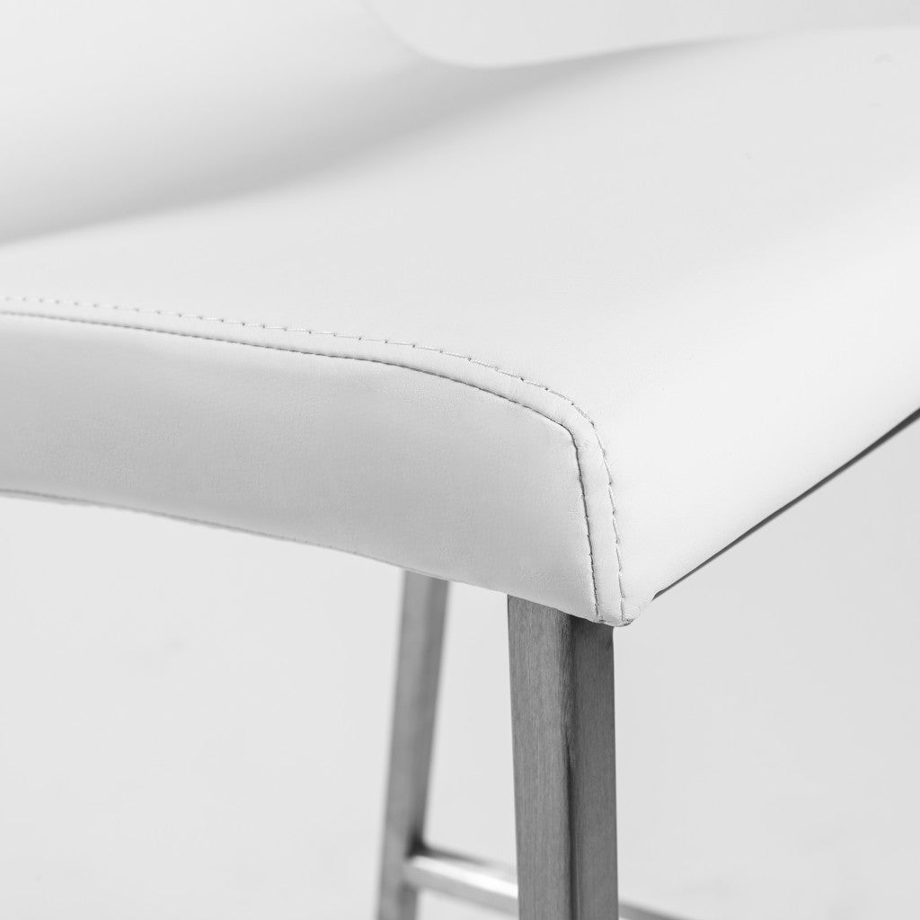 Set Of Two 36" White And Silver Steel Low Back Counter Height Bar Chairs With Footrest