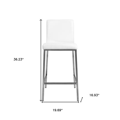 Set Of Two 36" White And Silver Steel Low Back Counter Height Bar Chairs With Footrest