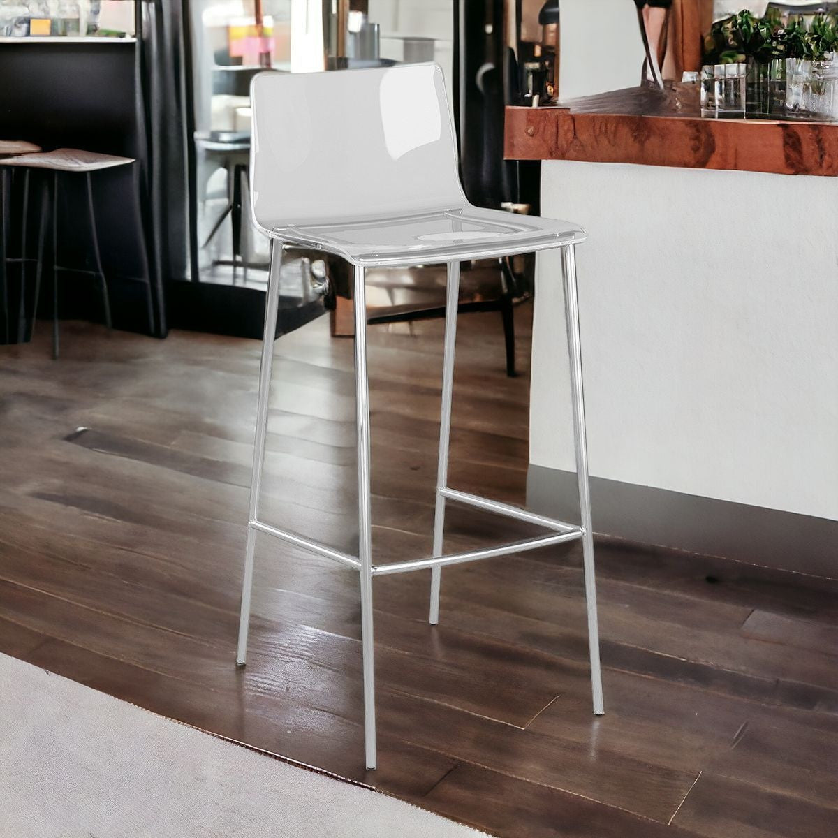 Set of Two 30" Clear And Silver Plastic Low Back Bar Height Bar Chairs With Footrest