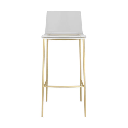 Set of Two 30" Clear And Gold Plastic Low Back Bar Height Bar Chairs With Footrest
