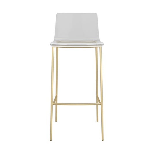 Set of Two 30" Clear And Gold Plastic Low Back Bar Height Bar Chairs With Footrest