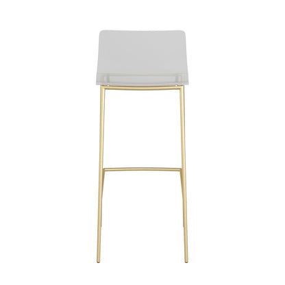 Set of Two 30" Clear And Gold Plastic Low Back Bar Height Bar Chairs With Footrest