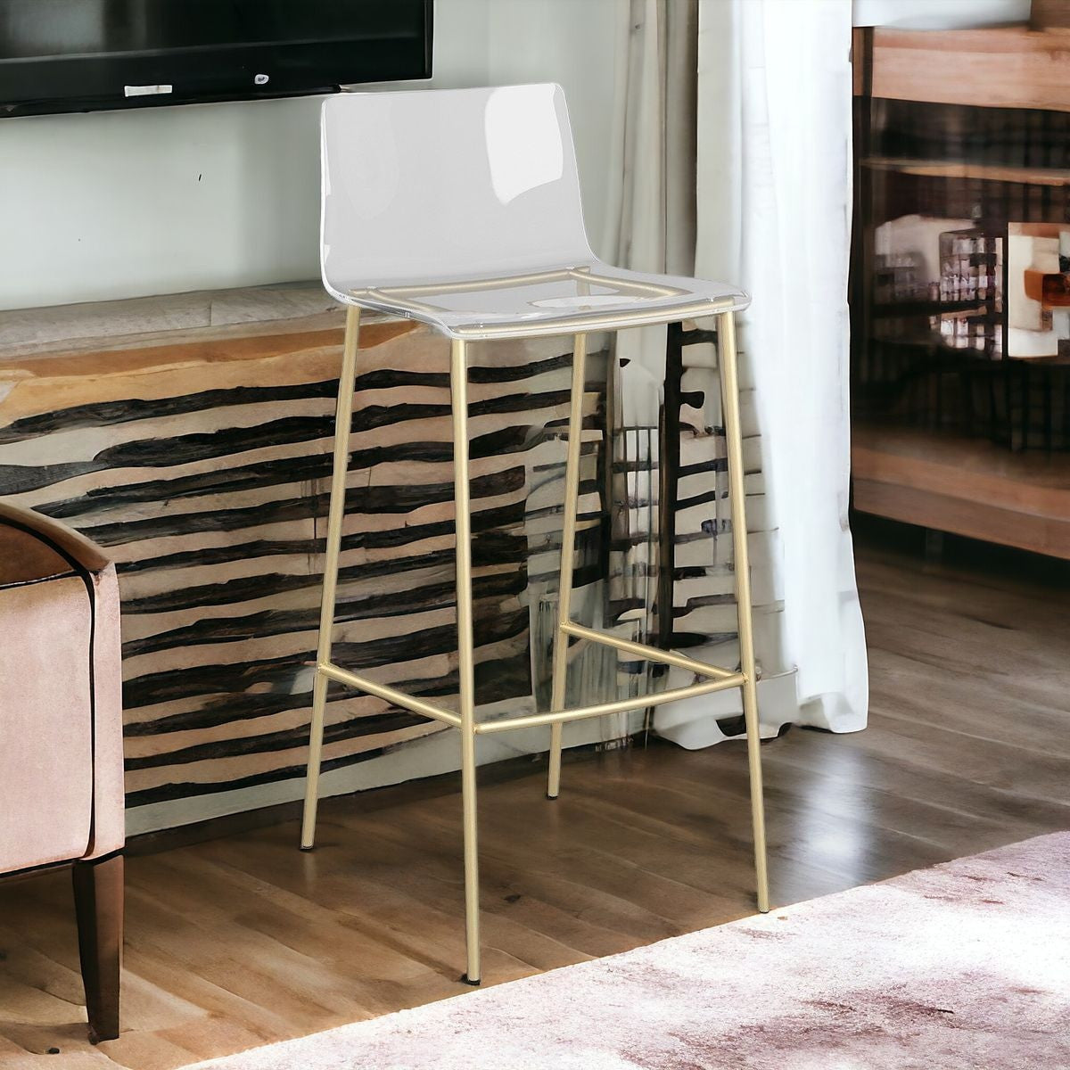 Set of Two 30" Clear And Gold Plastic Low Back Bar Height Bar Chairs With Footrest
