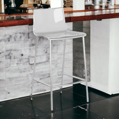 Set Of Two 35" Clear And Silver Metal Low Back Counter Height Bar Chairs With Footrest