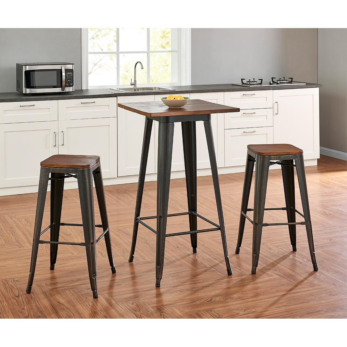 Set Of Four 30" Brown And Black Backless Bar Height Bar Chairs With Footrest