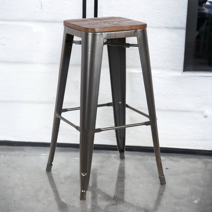 Set Of Four 30" Brown And Black Backless Bar Height Bar Chairs With Footrest