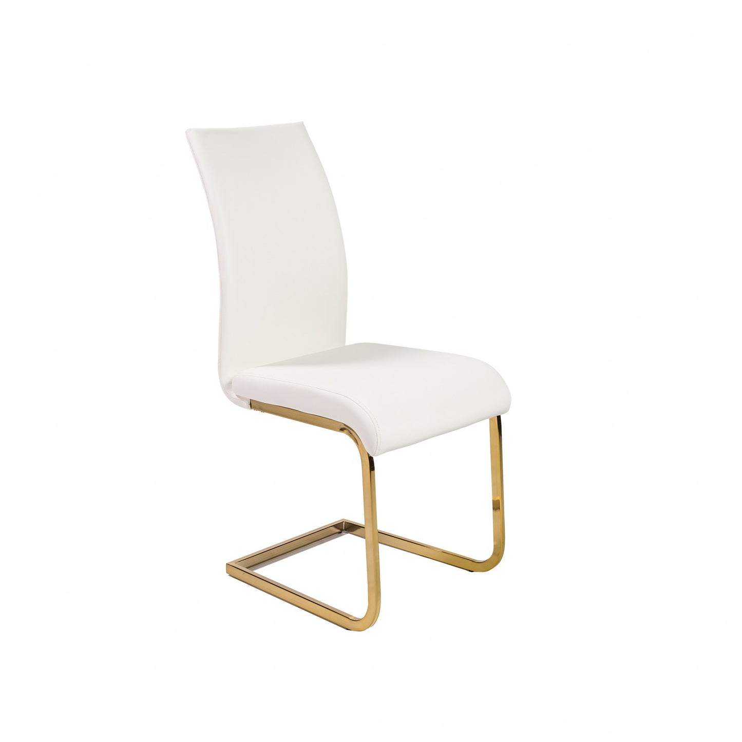 Set of Four White Faux Faux Leather Gold Cantilever Chairs