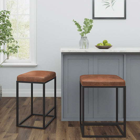 Set Of Two 24" Brown And Black Faux leather And Metal Backless Counter Height Bar Chairs With Footrest
