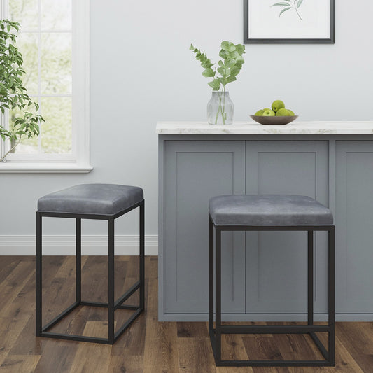 Set Of Two 24" Gray And Black Faux leather And Metal Backless Counter Height Bar Chairs With Footrest