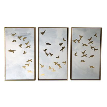 Set of Three Golden Birds Framed Canvas Wall Art