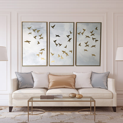 Set of Three Golden Birds Framed Canvas Wall Art
